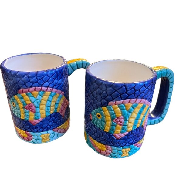 HTF Pair of Collectible Vtg 1994 CLAY ART Mosaic Fish Mugs Hand-Painted Ceramic - Picture 1 of 16